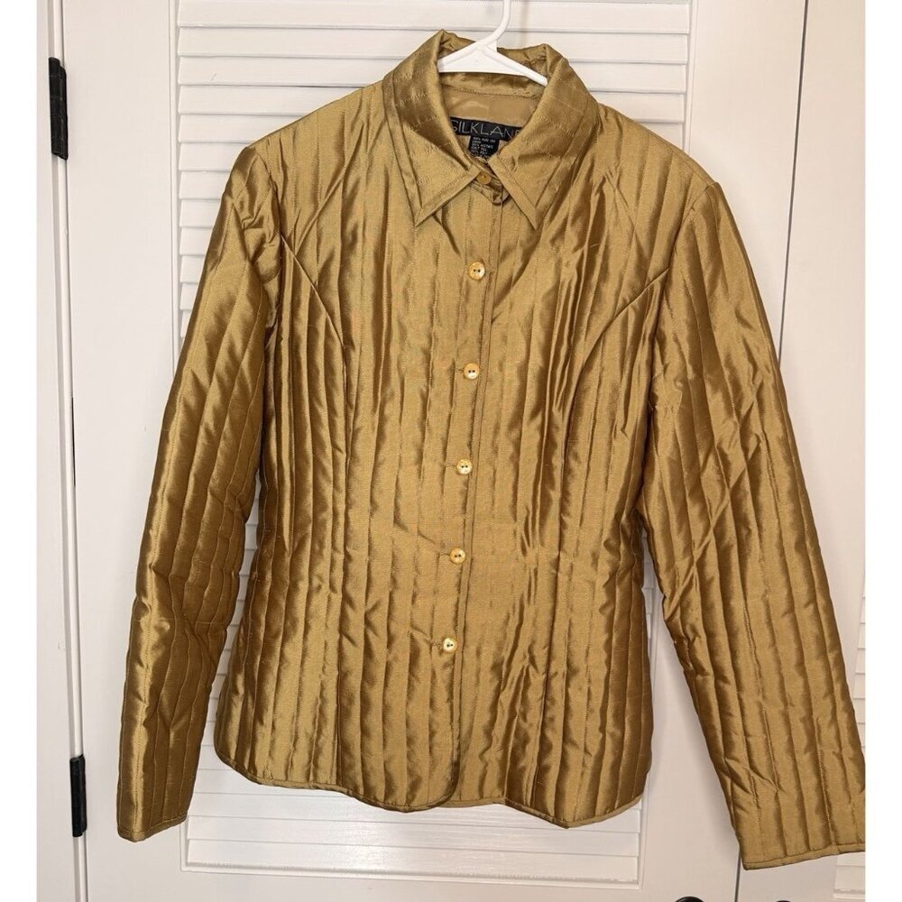 Silkland 100% Pure Silk Quilted Jacket Women’s Medium Gold Bronze Button Blazer